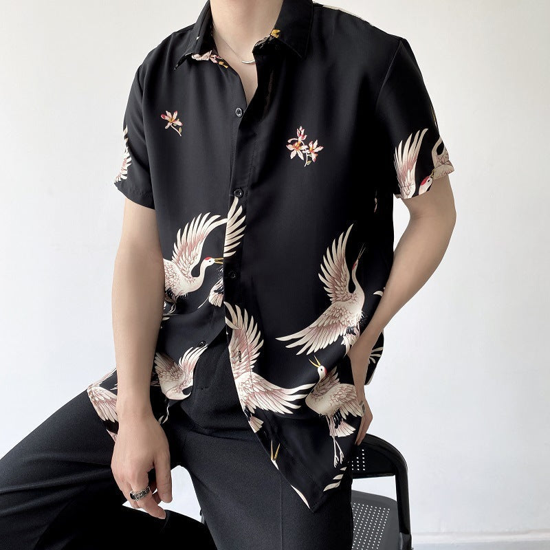 Summer Thin Men's Retro Chinese Style Crane Short-sleeved Shirt