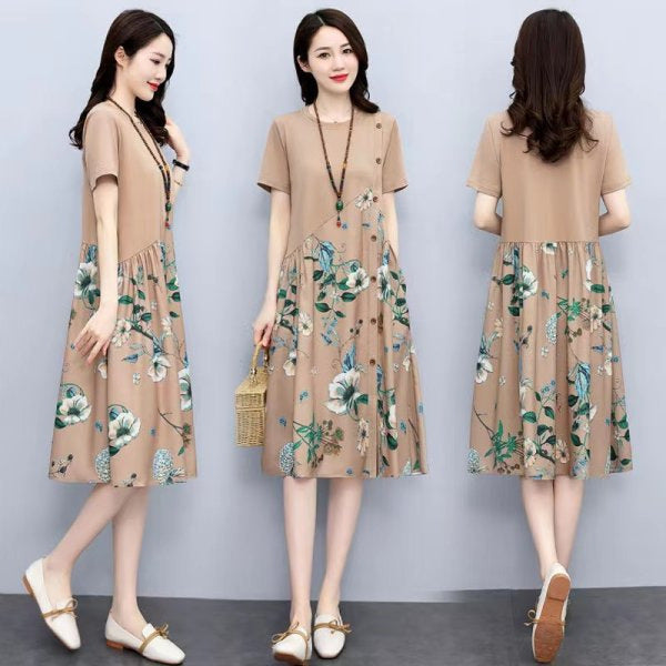 Retro Printed Fat Slim Fit Slimming Loose Casual Patchwork Dress