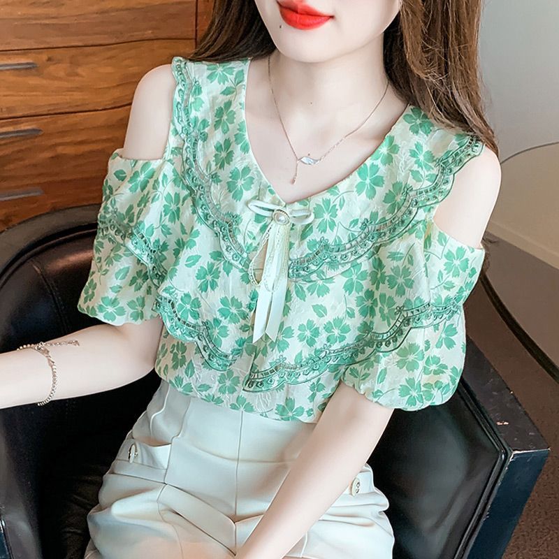 Women's Floral Short-sleeved Chiffon Blouse Off-shoulder Sweet Shirt