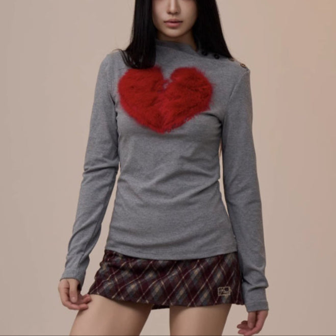 Women's Creative Heart Long-sleeved T-shirt Loose Retro Slim-fit Top