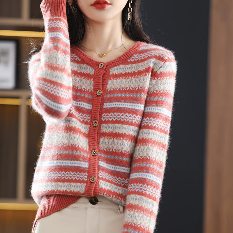 Women's Knitted Cardigan Mixed Color Stripe Contrast Color Jacquard Soft Glutinous Sweater Coat