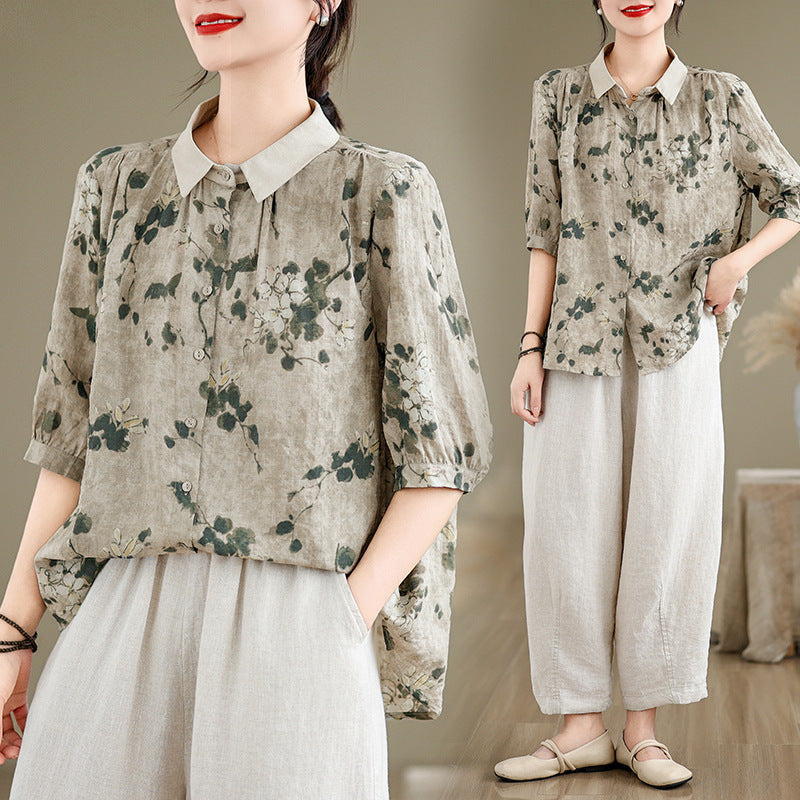 Women's Short-sleeved Shirt Cotton And Linen Style Top