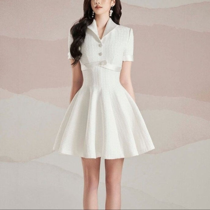 Elegant Lapel A- Style Hemline Niche White Short Sleeve