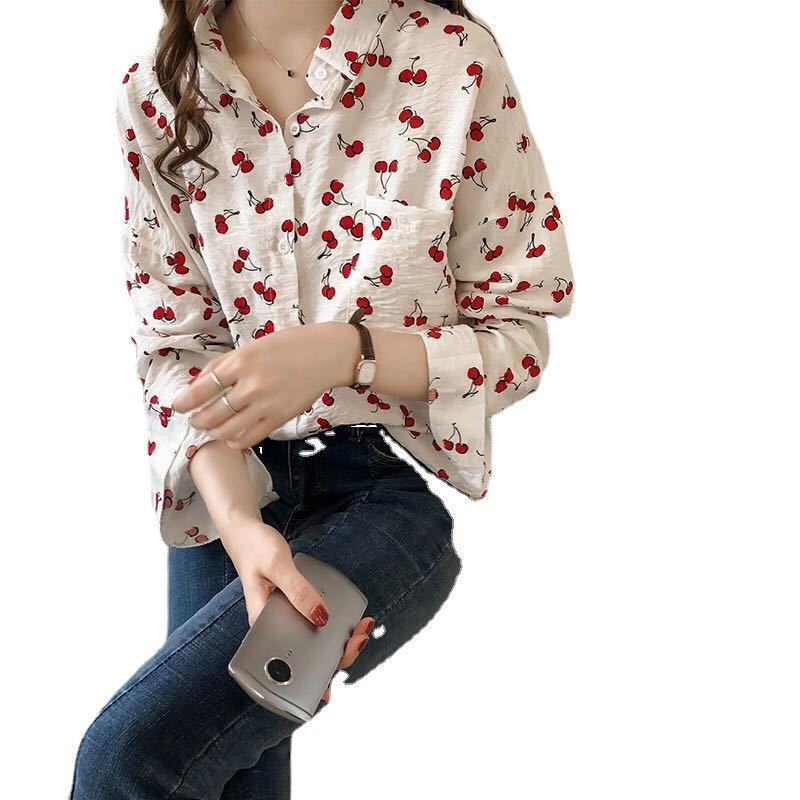 Women's Long-sleeved Shirt Loose Sweet Cherry Printed