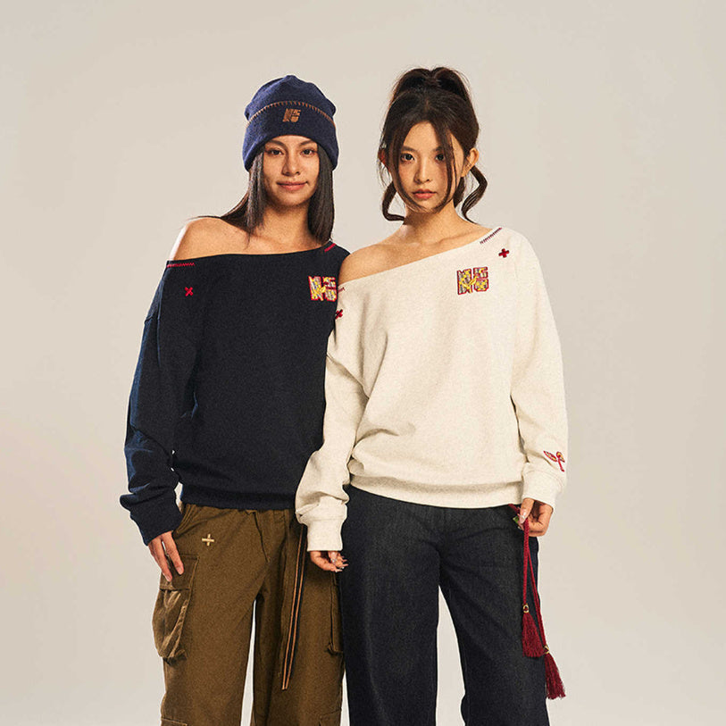 Women's Paste Cloth Embroidery Slant Shoulder Loose Long Sleeve Top