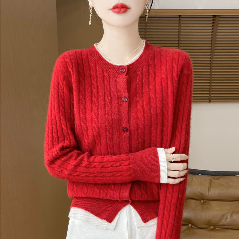 O-neck Short Small Twist Knitted False Two Pieces Color Matching Cardigan Jacket