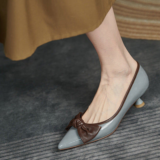 Women's Bow Leather Mid Heel Shoes Spring Autumn