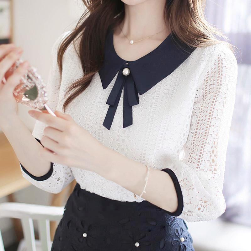 Doll Collar Lace Velvet Top Slimming Shirt