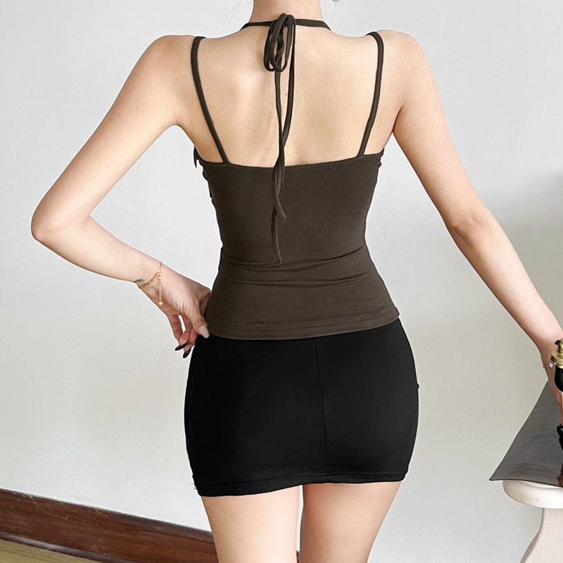 Solid Color Retro Hot Girl Sleeveless Halter Backless Skinny Short Vest