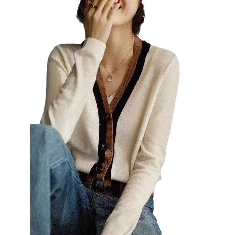 Color-block V Neck Cardigan Knitted Women's Long-sleeved Sweater Outer Tops