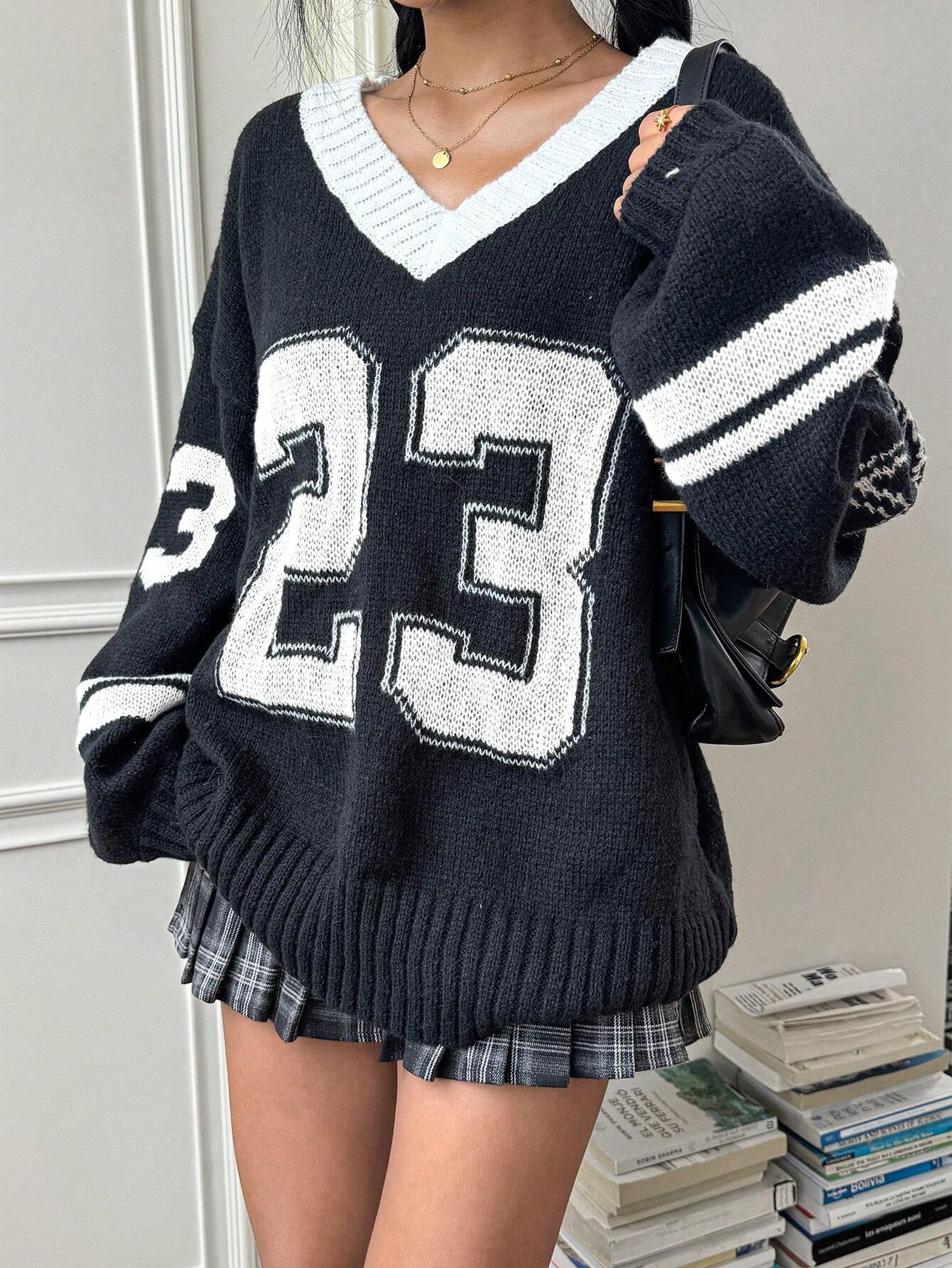 Contrast Color Digital Jacquard Loose-fitting V-neck Long Sleeves Sweater