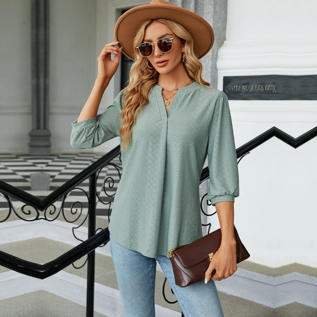 Solid Color Lace Collar Jacquard Long Sleeve Loose-fitting T-shirt Top