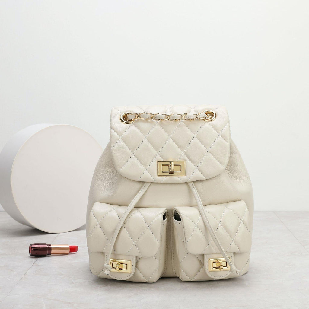 First Layer Cowhide Rhombus Chain Backpack Advanced Texture All-matching