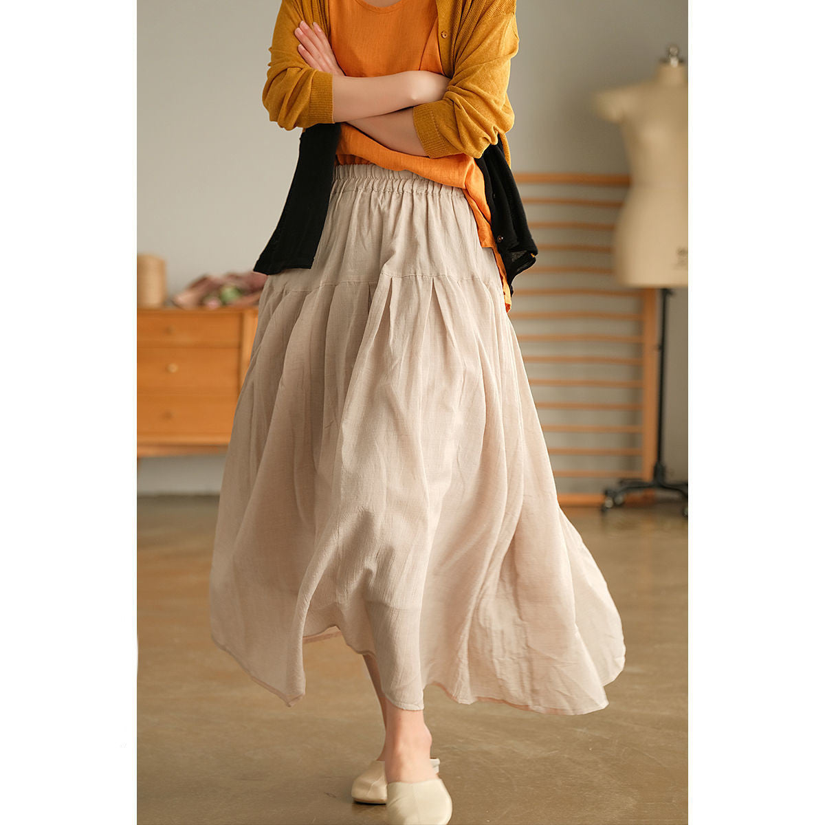 Pure Color Elastic Waist Cotton Ramie Body Pleated Long Skirt Summer Big Swing Skirt