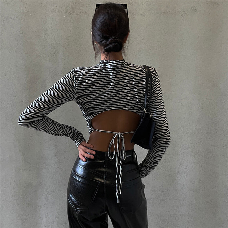 Printed Sexy Back Hollow Lace-up Long-sleeved T-shirt