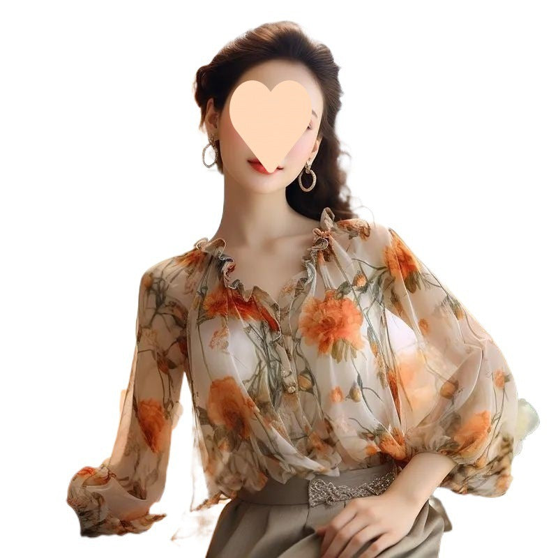 Wooden Ear Puff Sleeve Printed Chiffon Shirt Top