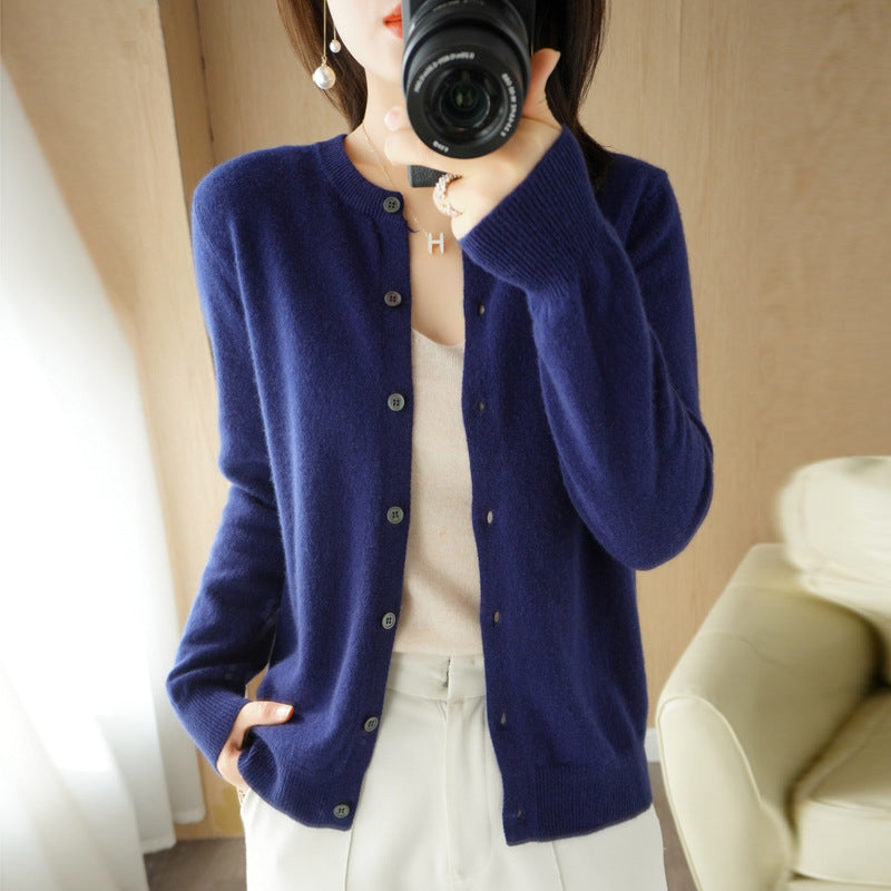 Backed Round Neck Knitted Cardigan Coat For Women