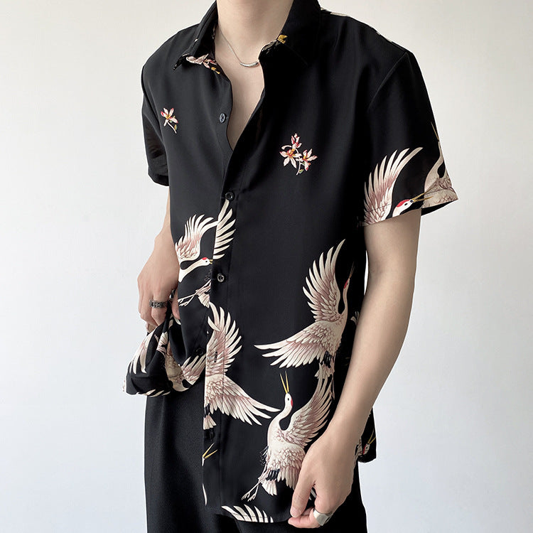 Summer Thin Men's Retro Chinese Style Crane Short-sleeved Shirt
