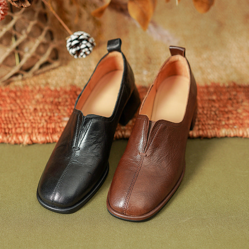 Cowhide Round Head Chunky Heel Deep Mouth Mid-heel Shoes