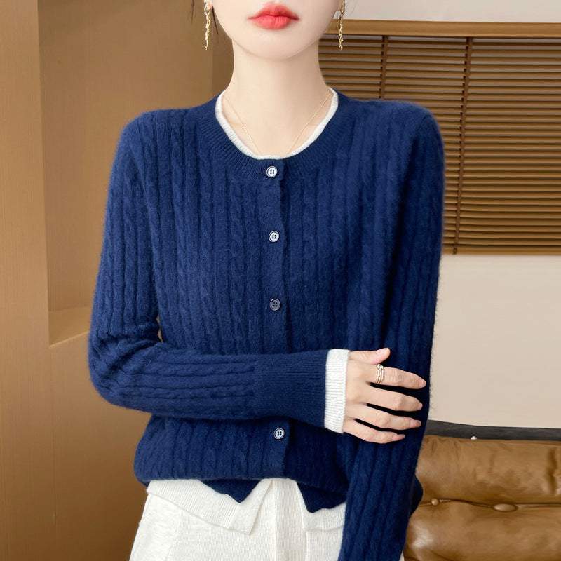 O-neck Short Small Twist Knitted False Two Pieces Color Matching Cardigan Jacket