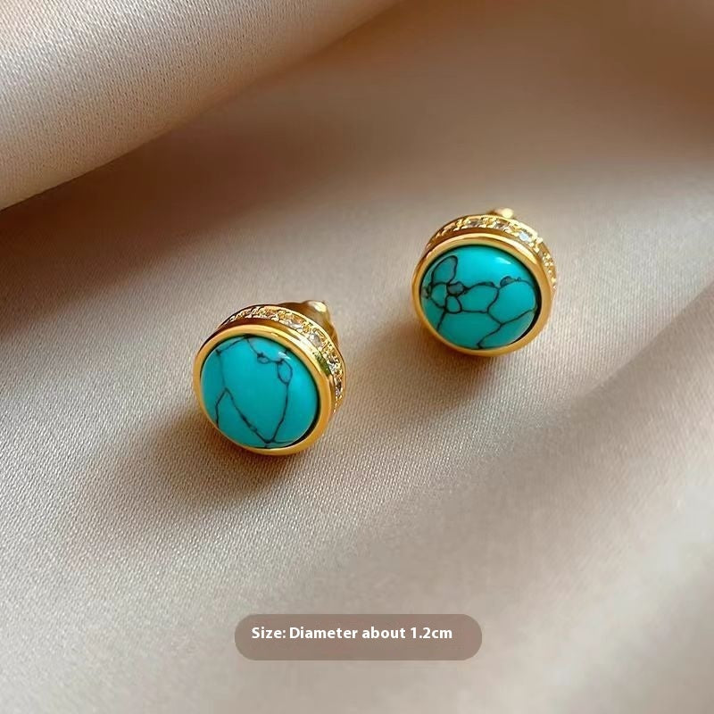Natural Stone Stud Earrings Round Diamond Gold-plated Earrings