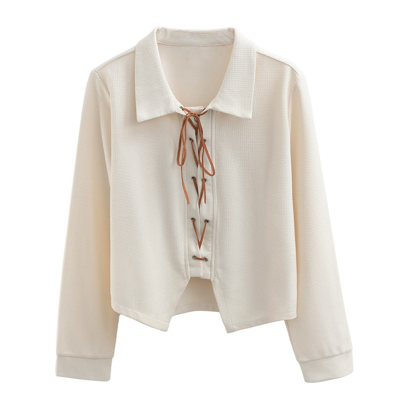 Women's Apricot Long-sleeved Shirt With Loose Polo Collar