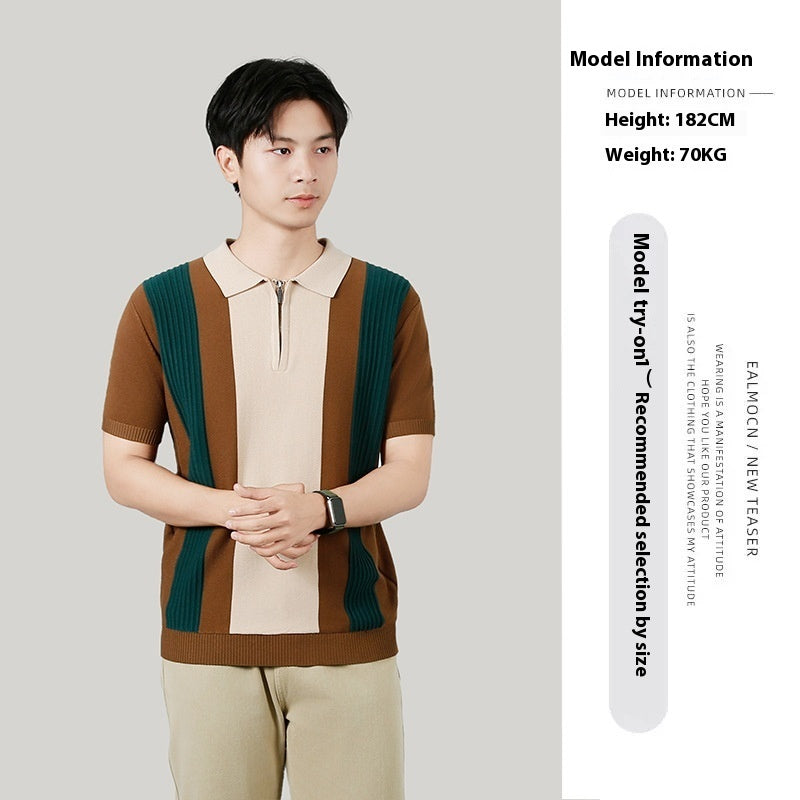 Men's Summer Contrast Color Striped Stitching Advanced Knitted T-shirt