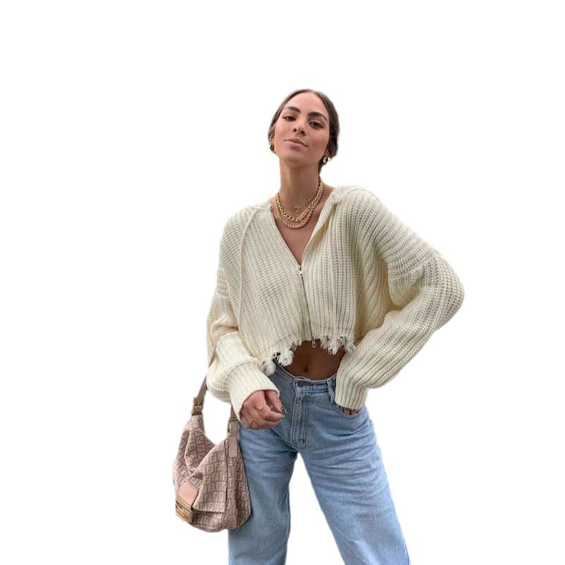 European And American Hooded Tassel Zipper Sweaters Coat