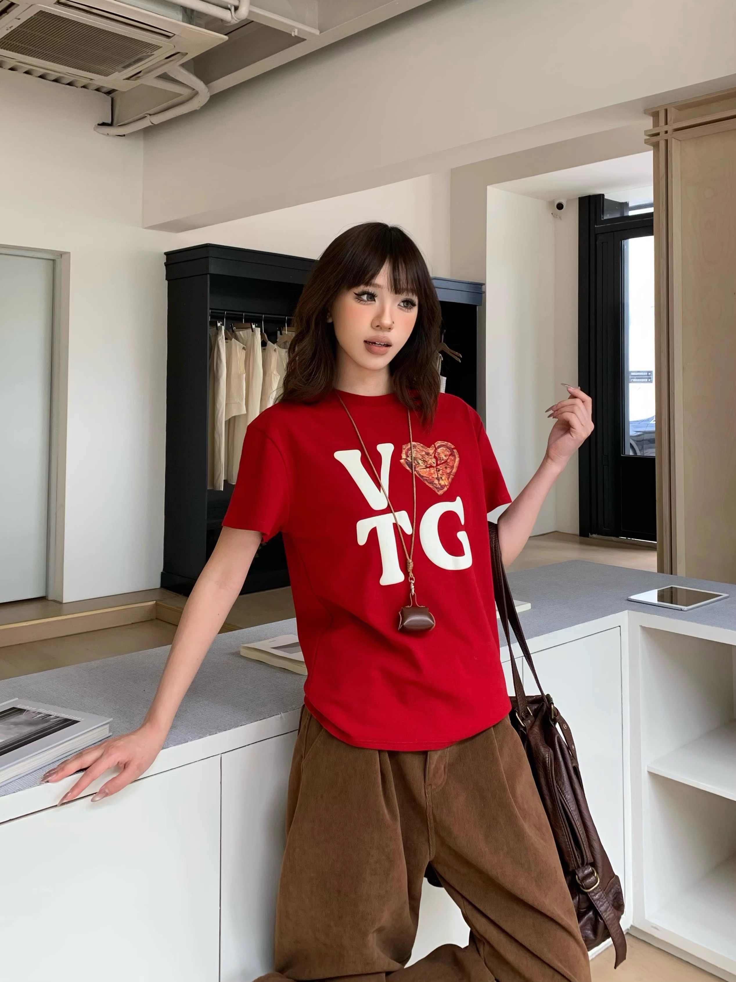 Women's Loose Retro Love Letter Print Short-sleeve T-shirt