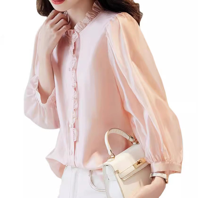 Nine-quarter Sleeve Shirt Women's Puff Sleeve Thin Solid Color Top
