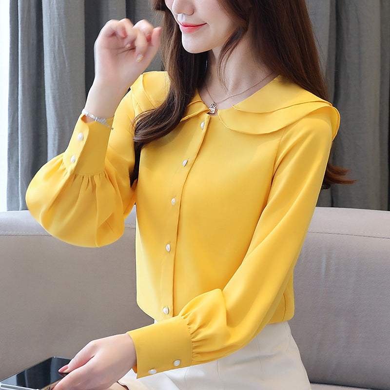Doll Collar Solid Color Long-sleeved Chiffon Shirt