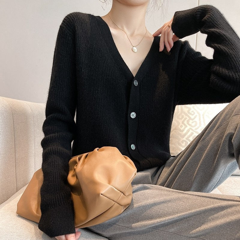 New V-neck Thick Knitted Cardigan Jacket Women