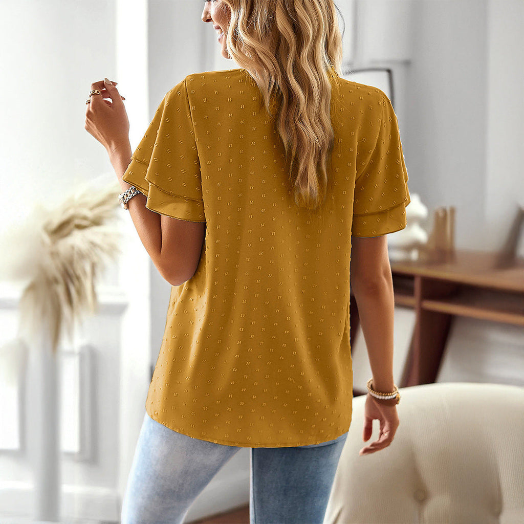 Holiday Casual Style Deep V Fluted Collar Shirt Women's Clothing