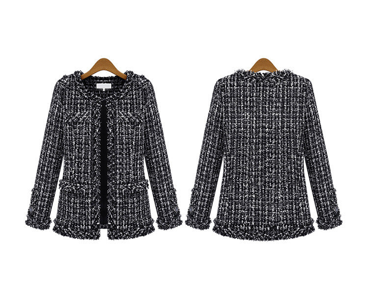 Autumn And Winter Popular Black And White Plaid Tweed Plus Size Women's Jacket