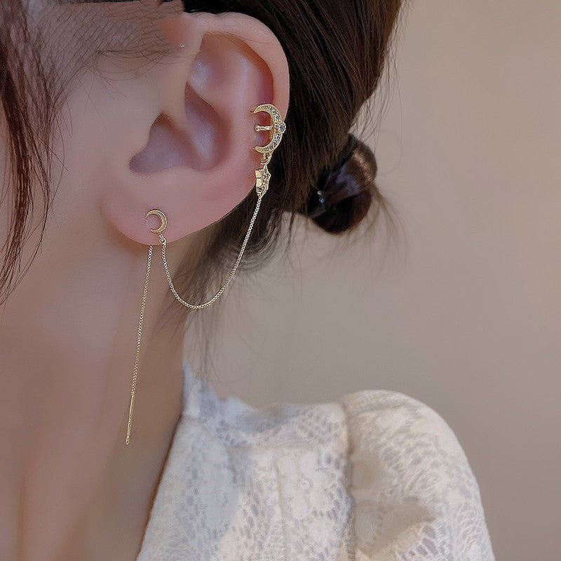 Women's Fashion Silver Needle Star Moon Fringe Earrings