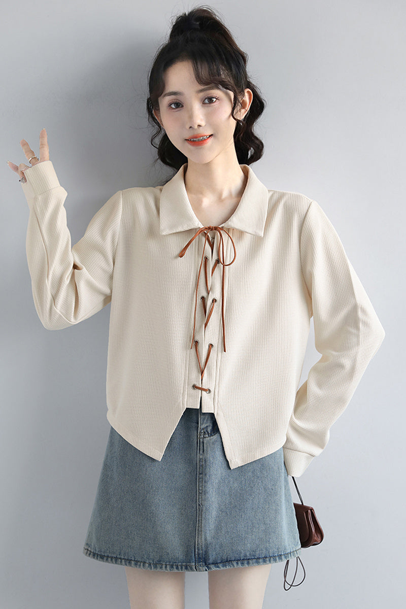Women's Apricot Long-sleeved Shirt With Loose Polo Collar