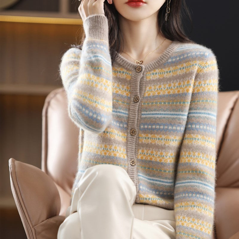 Women's Knitted Cardigan Mixed Color Stripe Contrast Color Jacquard Soft Glutinous Sweater Coat
