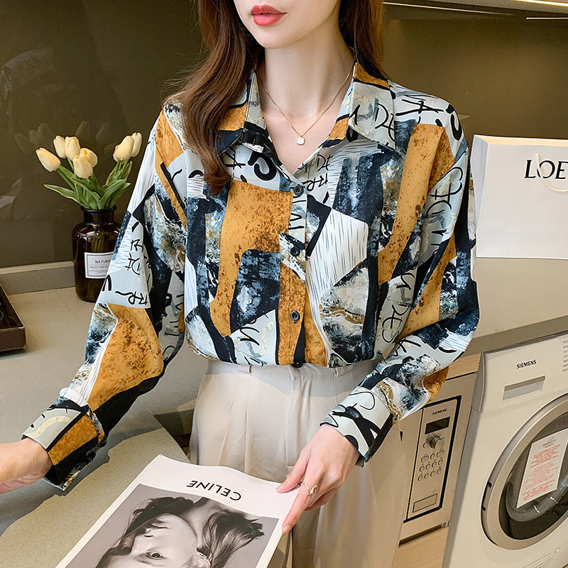 Printed Long-sleeved Shirt Women Loose Design Blouse