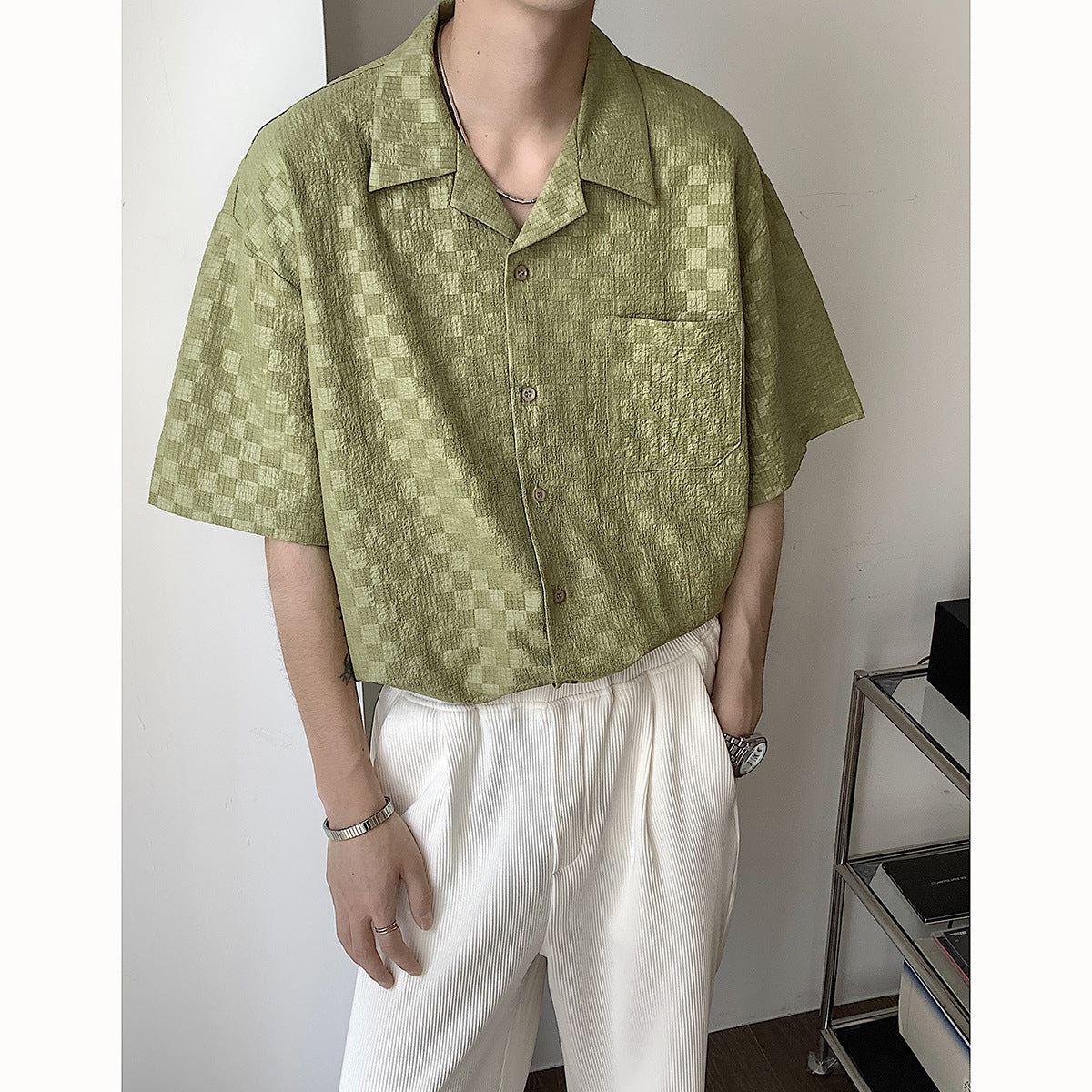 Men's Summer Checkerboard Short Sleeve Shirt Breathable And Light