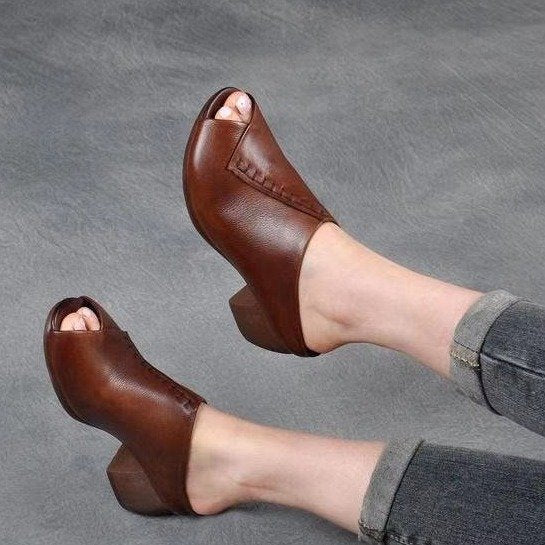 Square Heel Peep-toe Slippers Women's Outer Height Increasing Sandals Pumps