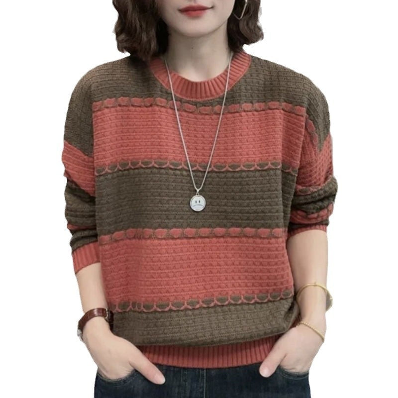 Contrast Color Young-aged Women's Striped Sweater