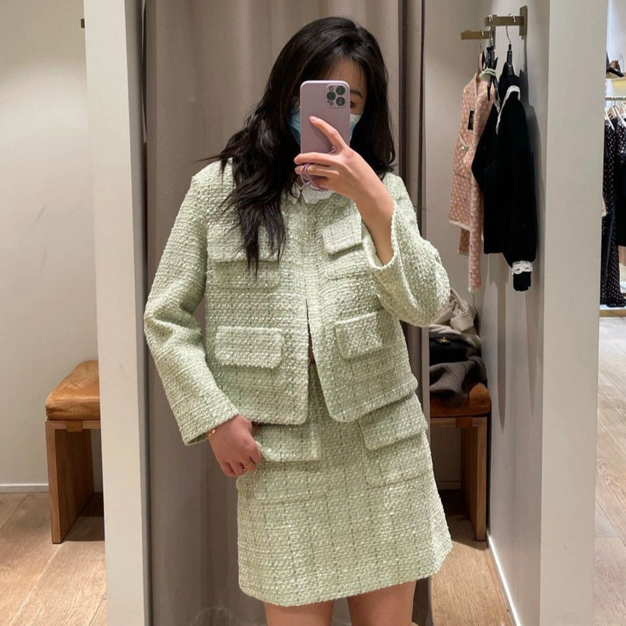 Light Green Tweed Glossy Lace Collar Jacket