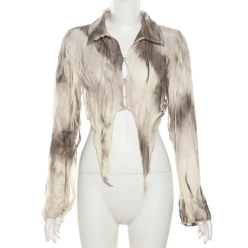 Solid Color Slim Fit Midriff-baring Fashion Polo Collar Long Sleeve Cardigan T-shirt