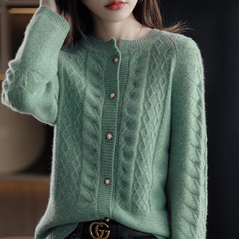 Round Neck Pure Wool Knit Cardigan Women's Long Sleeve Casual Simple