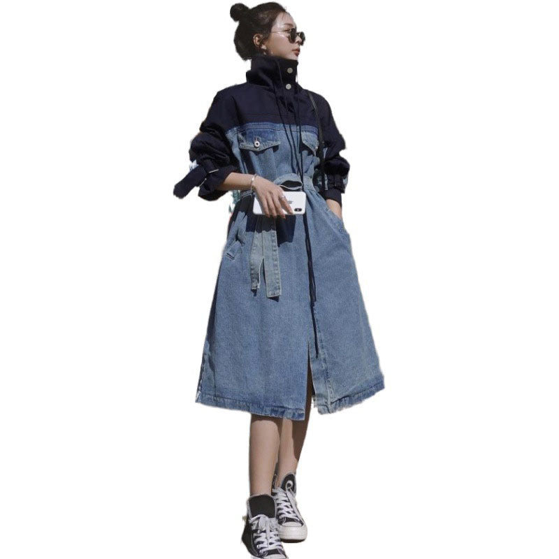 Fashion long denim patchwork dress windbreaker