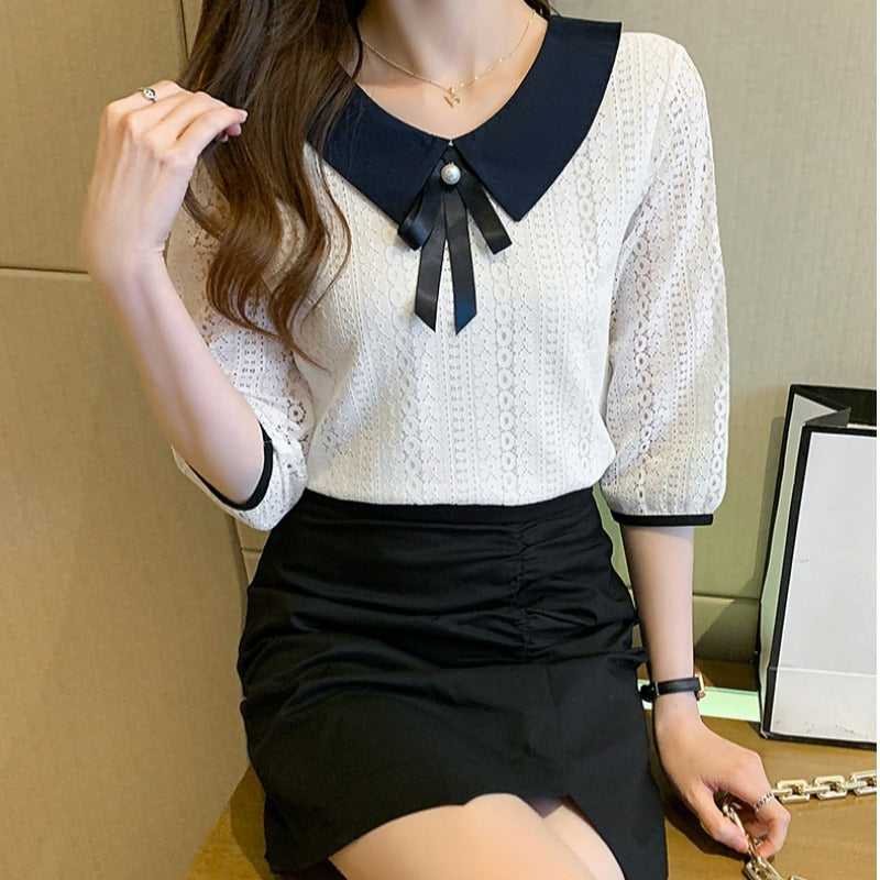 Doll Collar Lace Velvet Top Slimming Shirt