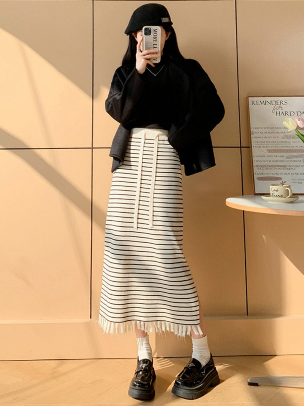 Striped Knitted Skirt High Waist Slimming