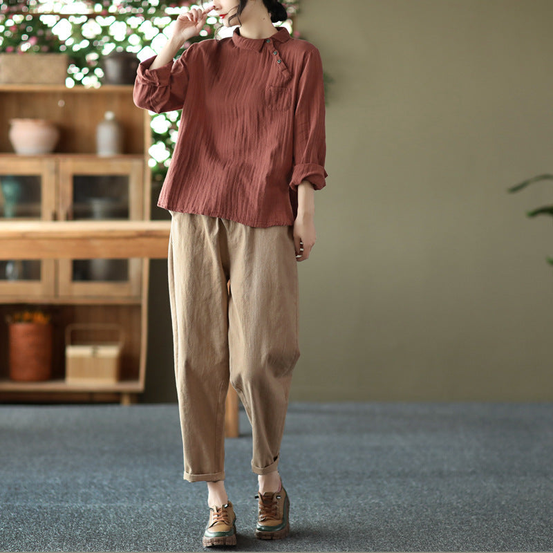 Vintage Oblique Placket Long-sleeved Double-layer Cotton Yarn Shirt Women's Artistic Pullover Top