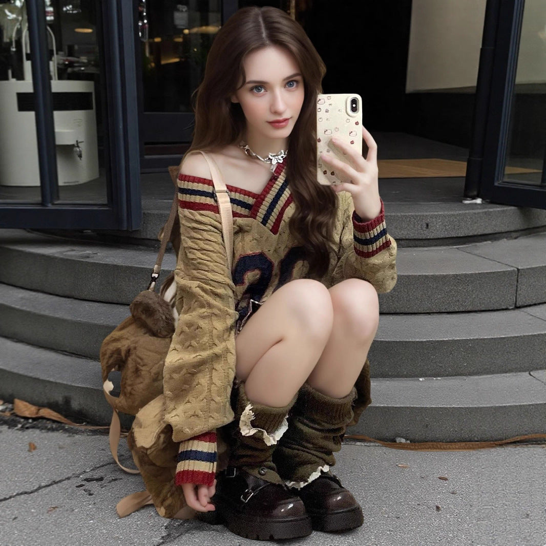 Women's Casual Loose Printed All-matching Lazy Feeling Collar Sweater