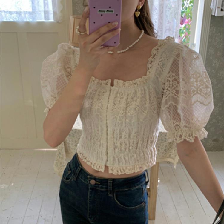 Puff Sleeve White Lace Women's Waist Trimming Short Top